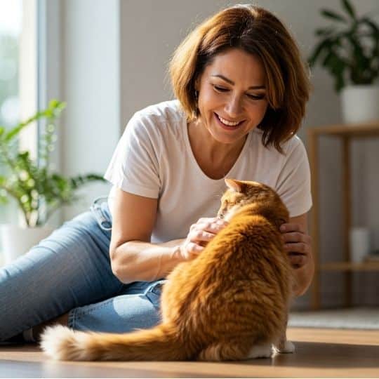 lady playing with kitty.