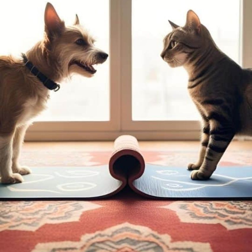 a dog and a cat on a yoga mat staring at each other.
