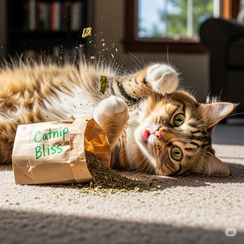 A fluffy tabby cat is rolling on its back and playfully batting at a brown paper bag of catnip labeled "Catnip Bliss." Catnip leaves are scattered around the cat on the carpet, and the cat has a playful, wide-eyed expression.