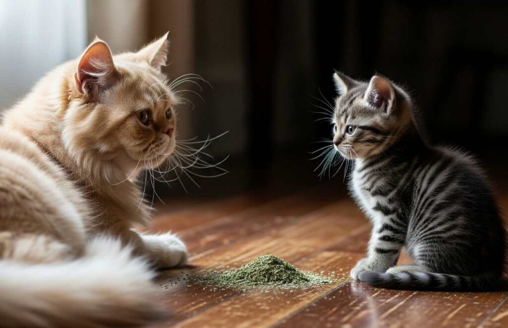 A senior cream-colored Persian cat and a small tabby kitten are on a wooden floor, both looking away from a small pile of catnip between them.