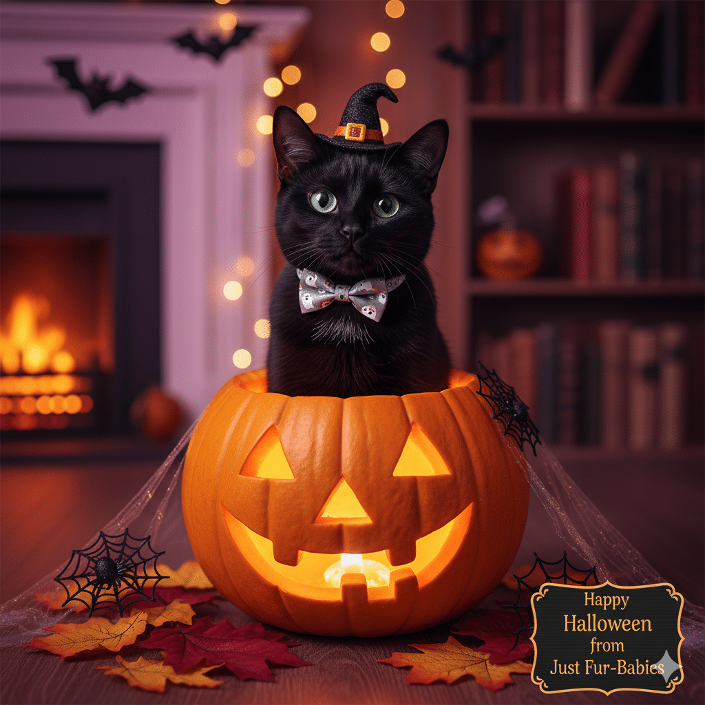 black cat sitting in a pumpkin for halloween.