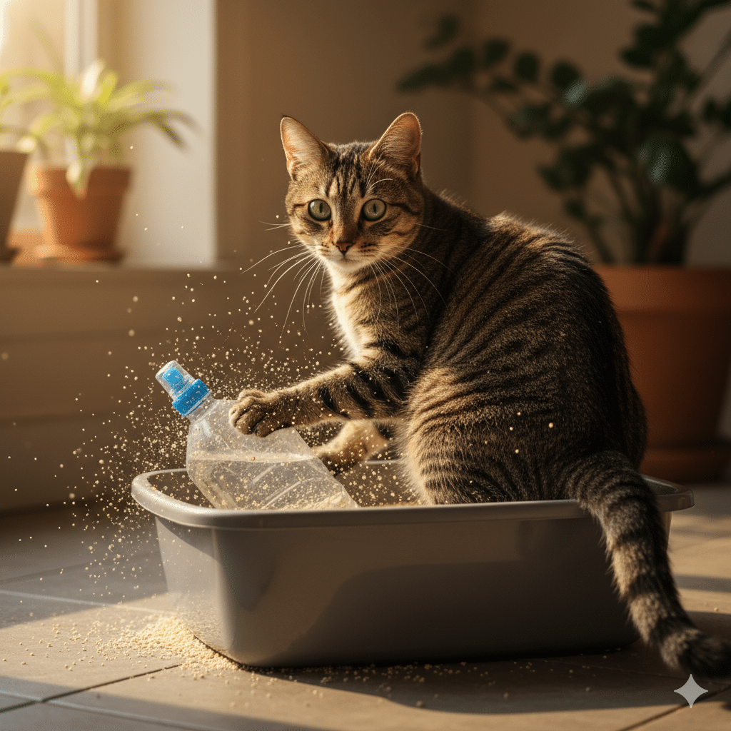 cat covering up a squirt bottle