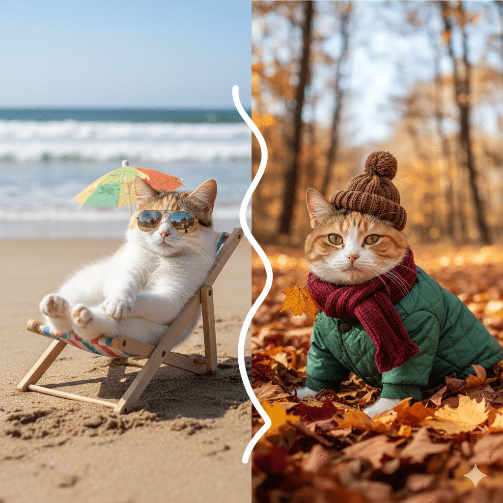 cat laying on the beach and in the fall.