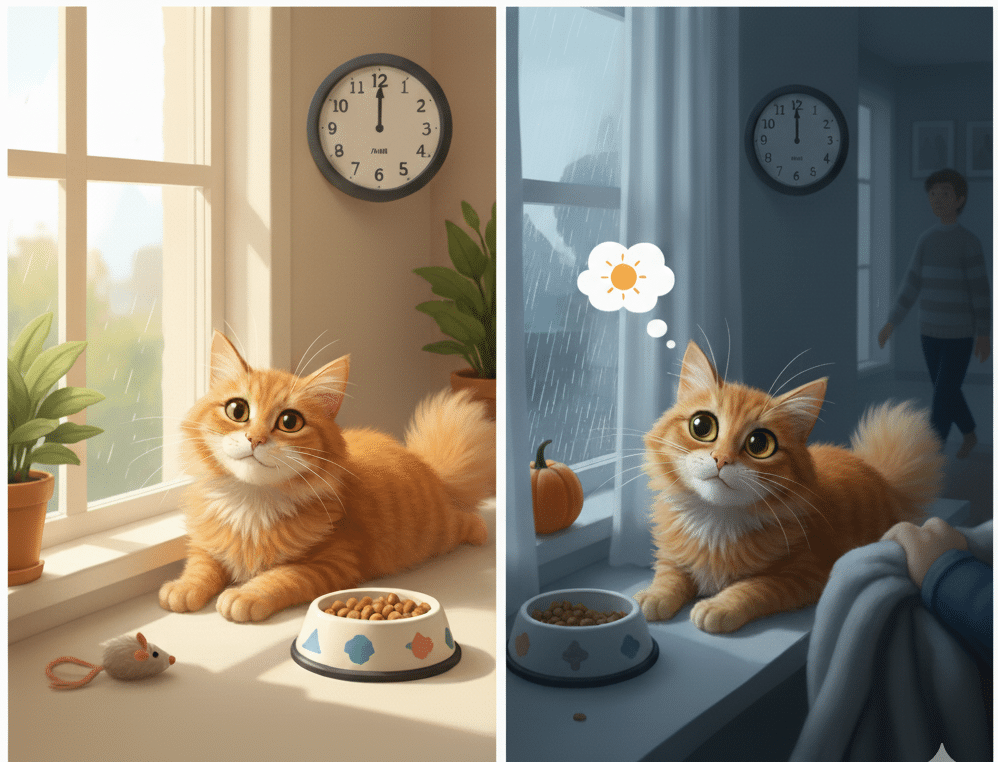 a split photo of a cat dealing with the change in time.