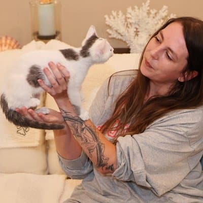 KC cat sitter Alex with a kitten.