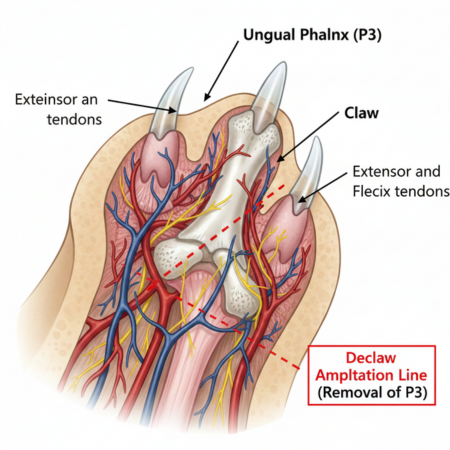 drawing of a cat's paw to show where declawing happens.
