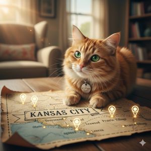 ginger tabby cat lying on map of kansas city.