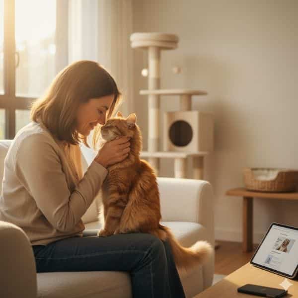 A cozy indoor scene of a modern cat sitting on a contemporary sofa, illustrating the shift toward modern cat ownership and high-quality indoor care.