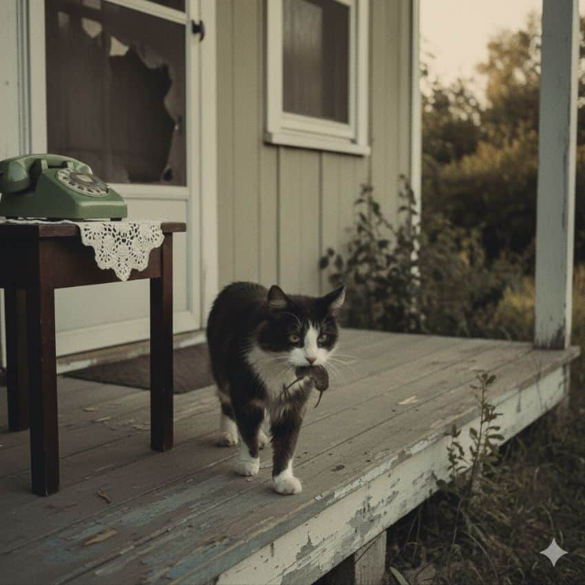 Untitled design A nostalgic, vintage-style photo of a domestic cat outdoors on a porch, representing the era before modern cat ownership became the standard.