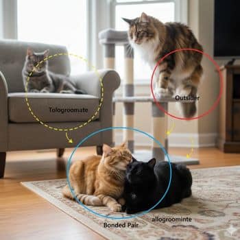 Diagram of two cats in a living room representing separate social circles: one cat sitting on a high shelf while the other remains on the floor, illustrating feline territorial boundaries.