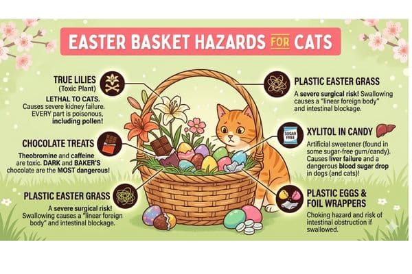 An educational infographic, 'Easter Basket Hazards for Cats,' highlighting five critical dangers found in a traditional basket: lethal true lilies, toxic chocolate, plastic grass (a linear foreign body surgical risk), Xylitol-containing candy (which causes liver failure), and choking hazards from plastic eggs and foil wrappers.